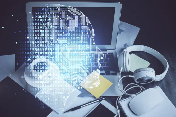 Double Exposure Desktop Computer Human Brain Drawing Hologram Concept — Stock Photo, Image