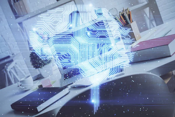 Doble Exposición Del Espacio Trabajo Con Holograma Dibujo Computadora Cerebro —  Fotos de Stock