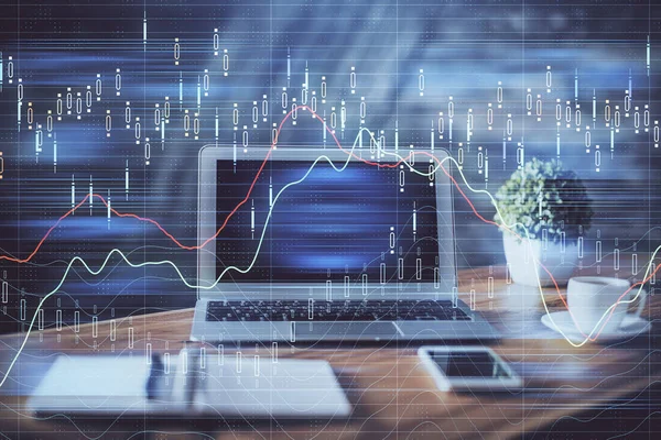 Подвійна Експозиція Діаграми Фінансової Інформації Робочого Простору Комп Ютерним Фоном — стокове фото