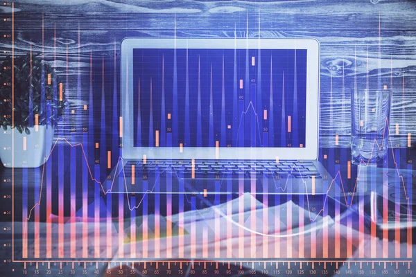 Dubbele Belichting Van Grafiek Financiële Informatie Werkruimte Met Computer Achtergrond — Stockfoto