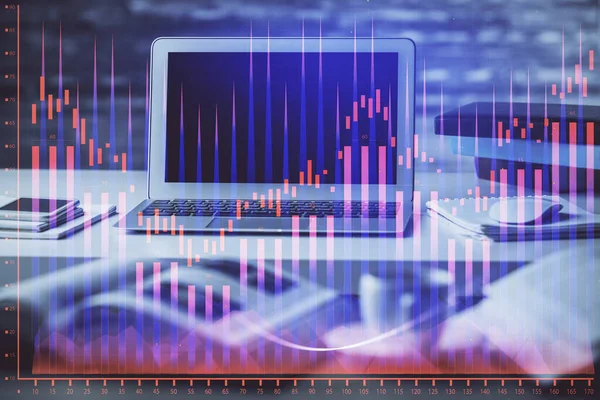 Gráfico Financeiro Desenho Colorido Tabela Com Computador Fundo Exposição Múltipla — Fotografia de Stock