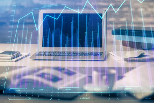 Ekonomisk Graf Färgstark Ritning Och Tabell Med Dator Bakgrunden Multiexponering — Stockfoto