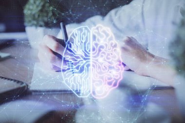 Arka planda beyin hologramıyla el yazısına çok maruz kalmış. Kendi kendine öğrenme kavramı.