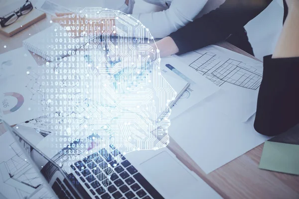 Double Exposure Woman Writing Hand Background Brain Hud Concept Learning — Stock Photo, Image