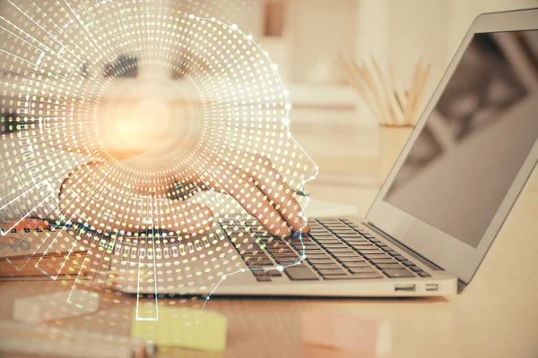 Man typing on keyboard background with brain hologram. Concept of big Data. Double exposure.