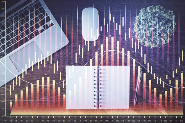 Borsa Grafiği Masa Arkasındaki Üst Görünüm Bilgisayarı Çifte Maruziyet Finansal — Stok fotoğraf