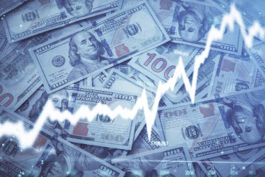 Önx grafiğinin arka plandaki dolarları iki katına çıkarması. Finans piyasası kavramı.