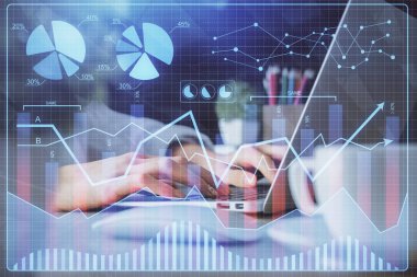 Bilgisayarda ve ön x grafik hologram çiziminde kadın eli yazarken çift pozlama. Borsa yatırım kavramı.