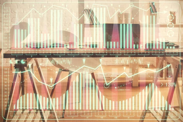 Multi Expozice Grafu Akciového Trhu Pozadí Interiéru Kanceláře Koncepce Finanční — Stock fotografie