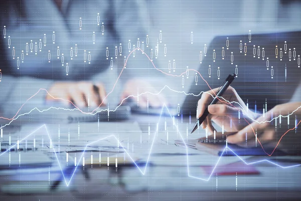 Multi Exposure Woman Hands Typing Computer Forex Chart Hologram Drawing — Stock Photo, Image
