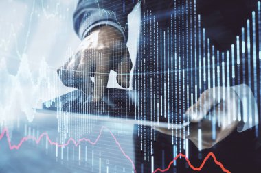 Bir adamın elini tutarken ve dijital bir cihaz ve ön grafik çizimi kullanırken çift pozlama. Finansal piyasa kavramı.