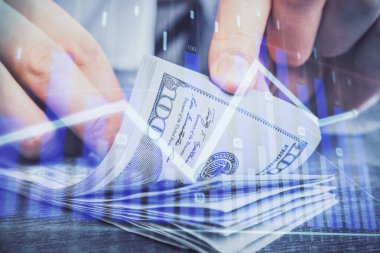 Forx grafiği, hologram, Amerikan dolarları ve insan eli çizimleri. Teknik Analiz kavramı.