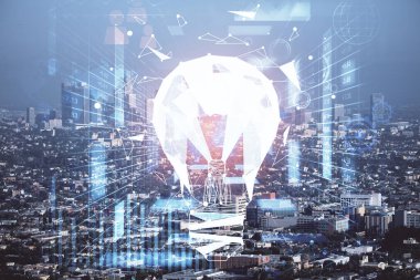 Ampul hologram çizimine ve şehir manzarasına çoklu maruz kalma. Fikir kavramı.