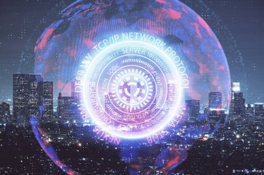 Teknoloji temalı hologramın ve şehrin arka planının iki katına çıkarılması. Yüksek Teknoloji kavramı.