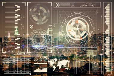Veri temalı hologram gökdelenlerin arka planında çift pozlama ile şehir görünümüne çizim yapıyor. Ai kavramı.