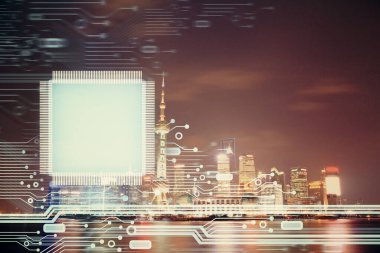 Veri temalı hologram gökdelenler arka planda çoklu pozlama ile şehir görünümüne çizim yapıyor. Ai kavramı.