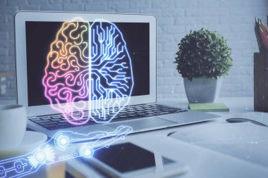 Bilgisayar ve insan beyninin hologram çizdiği çalışma alanının iki katına çıkarılması. Beyin fırtınası konsepti.