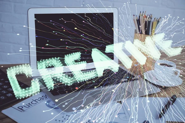 Настольный Компьютер Фон Офисе Запустить Рисунок Голограммы Темы Двойное Воздействие — стоковое фото
