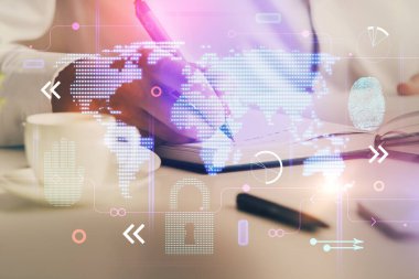 Adamın elleri uluslararası veri ile küresel ağ konu çifte pozlama ikonu. Küreselleşme kavramı.