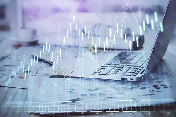 Hologram Van Financiële Markt Personal Computer Achtergrond Meervoudige Blootstelling Begrip — Stockfoto