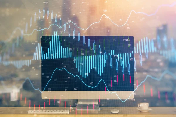 Financiële Grafiek Tekening Tabel Met Computer Achtergrond Dubbele Belichting Begrip — Stockfoto