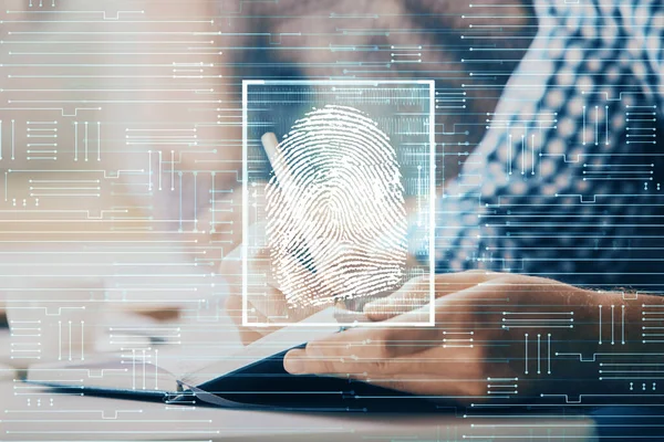 Ujjlenyomat Letapogatás Biztonságos Hozzáférést Biztosít Biometrikus Azonosításhoz Biztonság Jövőjének Koncepciójához — Stock Fotó