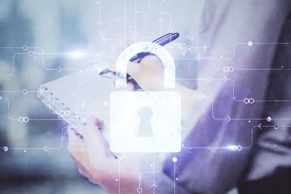 Double Exposure Hands Making Notes Lock Icons Concept Security Protection — Stock Photo, Image