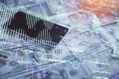 Önx grafiğinin arka plandaki dolarları iki katına çıkarması. Finans piyasası kavramı.