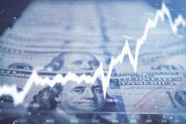 Önx grafiğinin arka plandaki dolarları iki katına çıkarması. Finans piyasası kavramı.