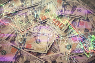 Forx grafiğinin çok sayıda görüntüsü bize dolar banknotları arka planında görünüyor. Finansal başarı piyasası kavramı.