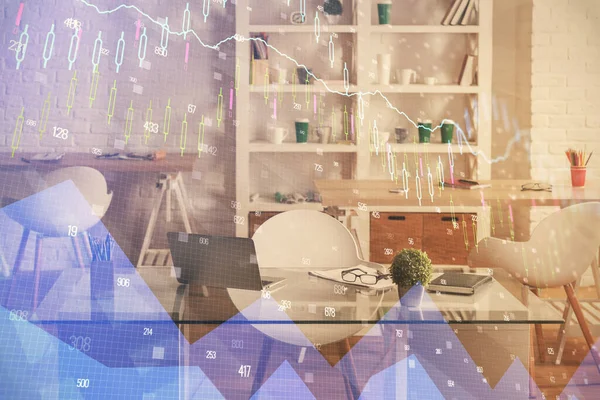 Double exposure of financial graph drawing and office interior background. Concept of stock market.