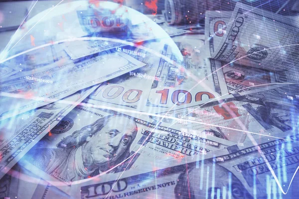 Forx grafiğinin çok sayıda görüntüsü bize dolar banknotları arka planında görünüyor. Finansal başarı piyasası kavramı. — Stok fotoğraf