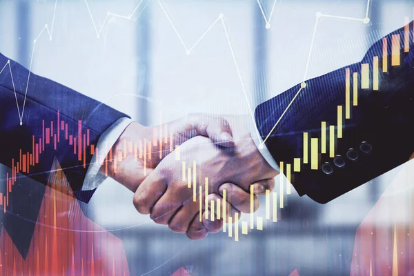 Double exposure of forex graph hologram and handshake of two men. Stock market concept. — Stock Photo, Image