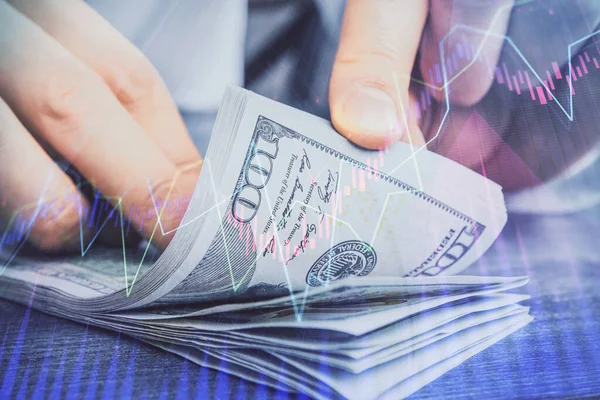 Multi exponering av forex diagram rita hologram och USA dollar räkningar och manshänder. Koncept för teknisk analys. — Stockfoto