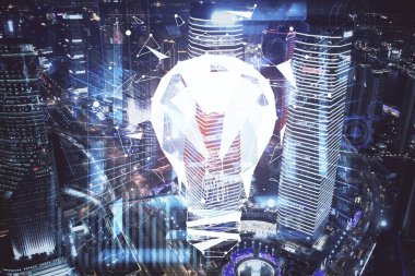 Ampul hologram çizimine ve şehir manzarasına çoklu maruz kalma. Fikir kavramı.