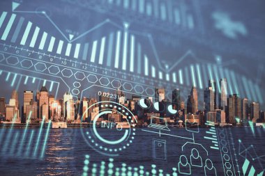 Teknoloji temalı hologramın ve şehrin arka planının iki katına çıkarılması. Yüksek Teknoloji kavramı.