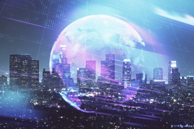 Teknoloji temalı hologramın ve şehrin arka planının iki katına çıkarılması. Yüksek Teknoloji kavramı.