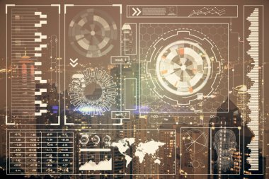 Veri temalı hologram gökdelenlerin arka planında çift pozlama ile şehir görünümüne çizim yapıyor. Ai kavramı.