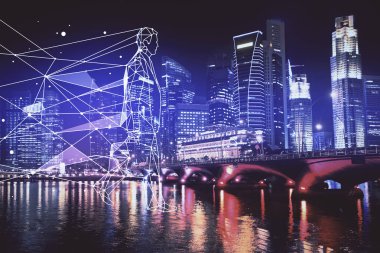 Şehir manzarası arkaplanı üzerinde başlangıç teması çizimlerinin çifte pozlandırılması. Başarı kavramı.