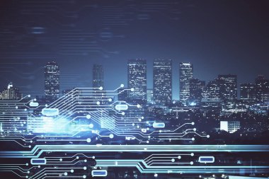 Veri temalı hologram gökdelenler arka planda çoklu pozlama ile şehir görünümüne çizim yapıyor. Ai kavramı.