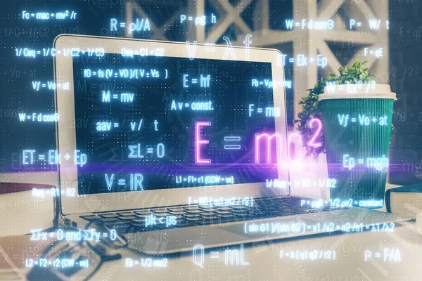 Desktop computer background and formula hologram writing. Double exposure. Education concept. — Stock Photo, Image