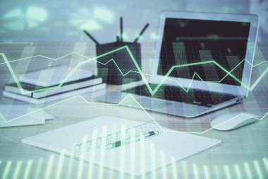 Bilgisayar geçmişi olan eski grafik hologramı. Çoklu maruz kalma. Finans piyasası kavramı.