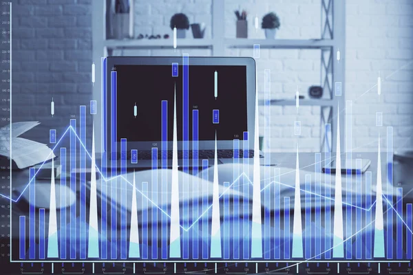 Stock market graph and table with computer background. Multi exposure. Concept of financial analysis.