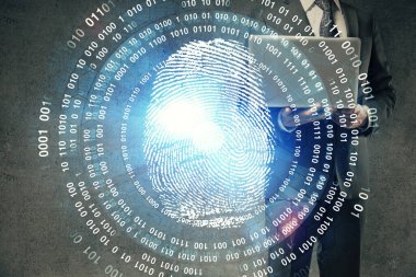 Arka planda bilgisayar üzerinde çalışan iş adamı ile parmak izi hologramı. Güvenlik kavramı. Çift pozlama.