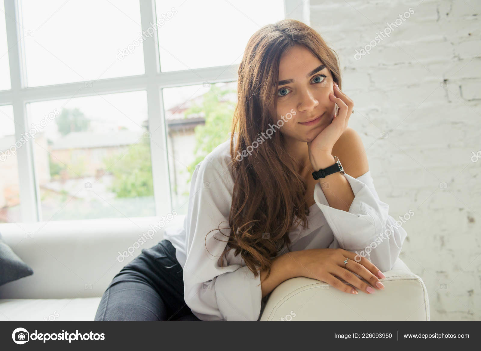 Young Cute Sexy Charming Conceived Girl Glasses Sits White ...