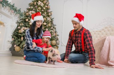 bir adamın annesi ve babasının kucağına bir ağaç ve küçük bir domuz ile şenlikli bir elbise içinde bir şömine yakın oturan küçük bir kızı Genç Sevimli gülümseyen aile