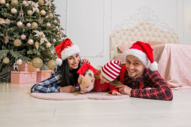 bir adamın annesi ve babasının kucağına bir ağaç ve küçük bir domuz ile şenlikli bir elbise içinde bir şömine yakın oturan küçük bir kızı Genç Sevimli gülümseyen aile