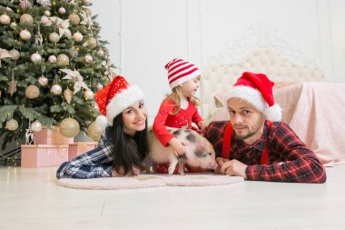 bir adamın annesi ve babasının kucağına bir ağaç ve küçük bir domuz ile şenlikli bir elbise içinde bir şömine yakın oturan küçük bir kızı Genç Sevimli gülümseyen aile