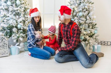 bir adamın annesi ve babasının kucağına bir ağaç ve küçük bir domuz ile şenlikli bir elbise içinde bir şömine yakın oturan küçük bir kızı Genç Sevimli gülümseyen aile 