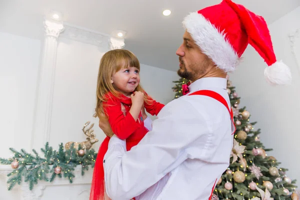 Little Charming Girl Playing Her Father Christmas Tree Festive Dress — Stock Photo, Image